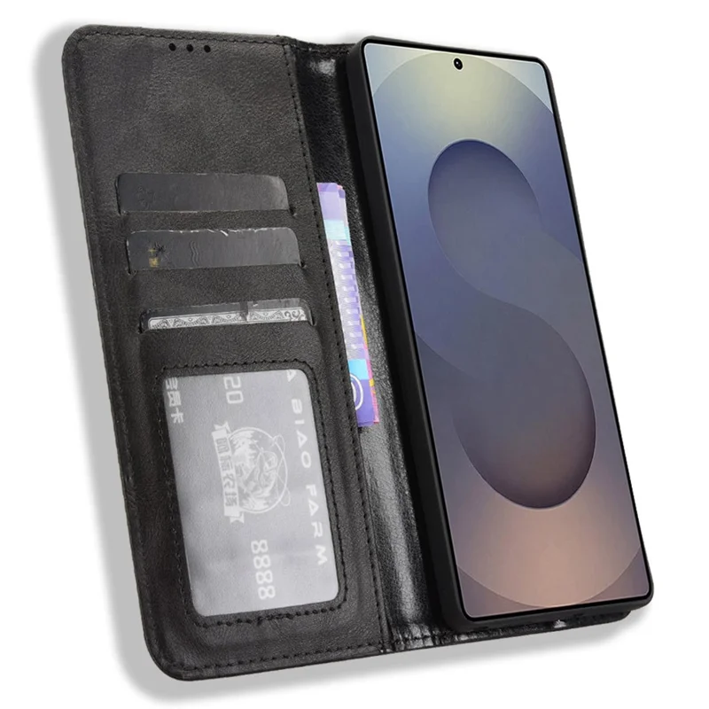 Samsung Galaxy S25 Ultra hoesje portemonnee stand retro textuur leren telefoonhoes - Zwart