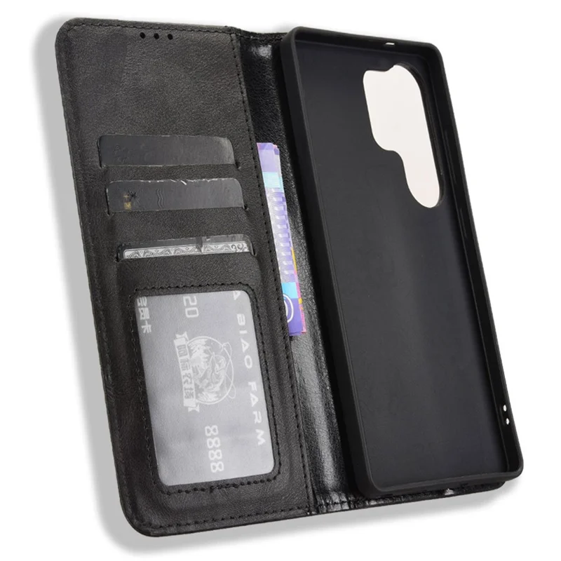 Samsung Galaxy S25 Ultra hoesje portemonnee stand retro textuur leren telefoonhoes - Zwart