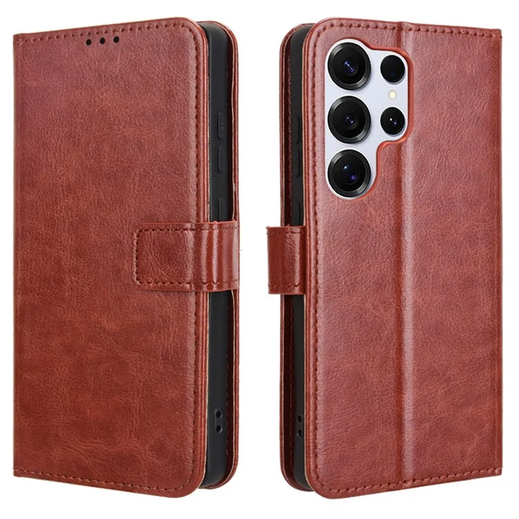 Funda tipo cartera de cuero PU con textura de caballo loco para Samsung Galaxy S25 Ultra - Marrón
