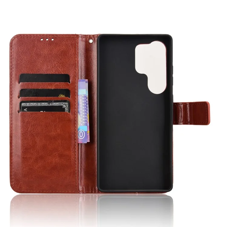 Funda tipo cartera de cuero PU con textura de caballo loco para Samsung Galaxy S25 Ultra - Marrón
