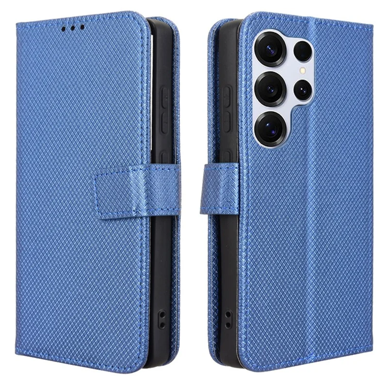 Zijdeachtig Blauw Lederen Portemonnee Hoesje met Diamantstructuur voor Samsung Galaxy S25 Ultra - PU Leer en TPU Materiaal met Magnetische Sluiting en Opvouwbare Stand
