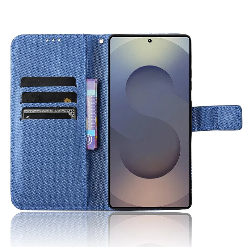 Zijdeachtig Blauw Lederen Portemonnee Hoesje met Diamantstructuur voor Samsung Galaxy S25 Ultra - PU Leer en TPU Materiaal met Magnetische Sluiting en Opvouwbare Stand