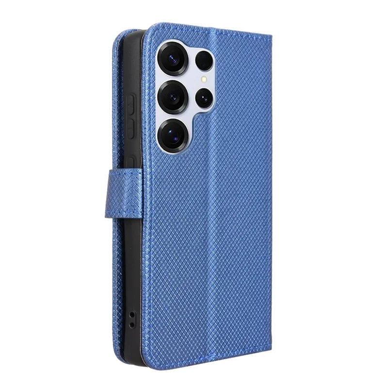 Zijdeachtig Blauw Lederen Portemonnee Hoesje met Diamantstructuur voor Samsung Galaxy S25 Ultra - PU Leer en TPU Materiaal met Magnetische Sluiting en Opvouwbare Stand