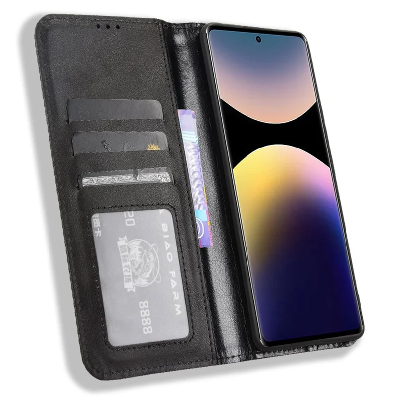 Til Xiaomi Redmi Note 14 Pro 4G Tasker Wallet Ståplader Retro Struktur Læder Telefondæksel - Sort