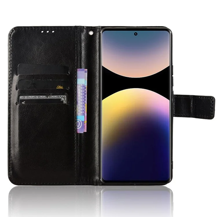 For Xiaomi Redmi Note 14 Pro 4G Case Crazy Horse Texture PU Leather Phone Wallet Cover - Black