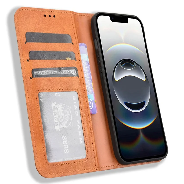 For iPhone 16e Case Wallet Stand Retro Texture Leather Phone Cover - Brown