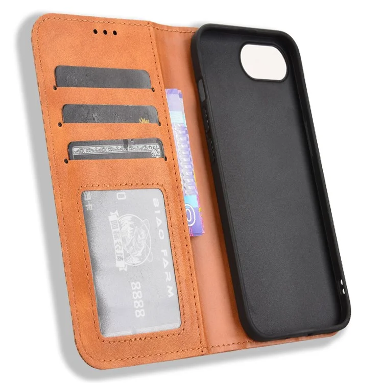 For iPhone 16e Case Wallet Stand Retro Texture Leather Phone Cover - Brown