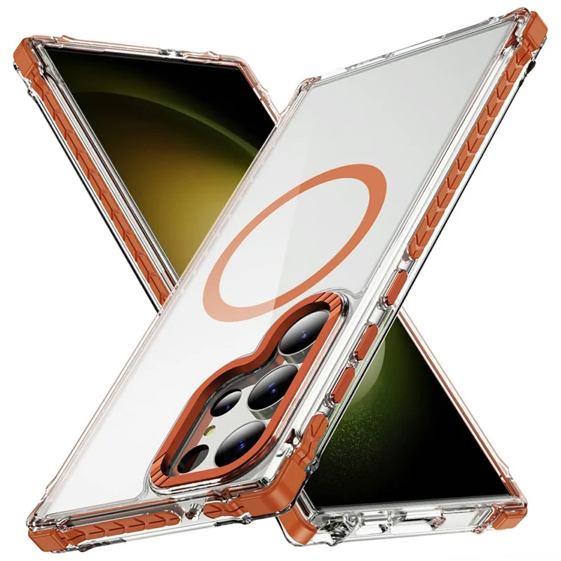 For Samsung Galaxy S25 Ultra Case Crystal Clear Airbag TPU + PC Phone Back Cover Magnetic Case - Orange