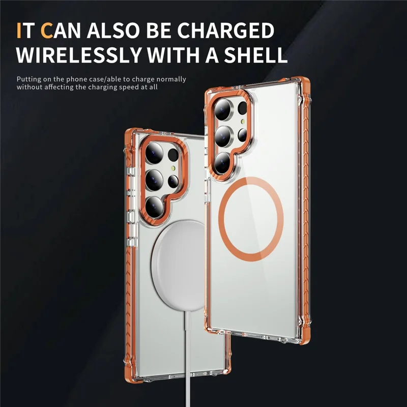 For Samsung Galaxy S25 Ultra Case Crystal Clear Airbag TPU + PC Phone Back Cover Magnetic Case - Orange