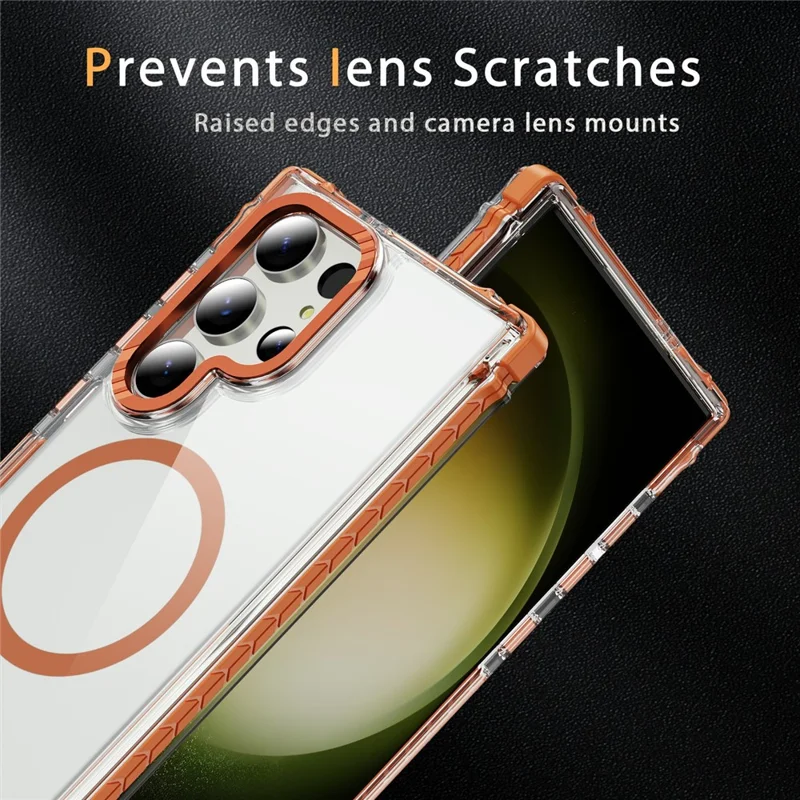 For Samsung Galaxy S25 Ultra Case Crystal Clear Airbag TPU + PC Phone Back Cover Magnetic Case - Orange