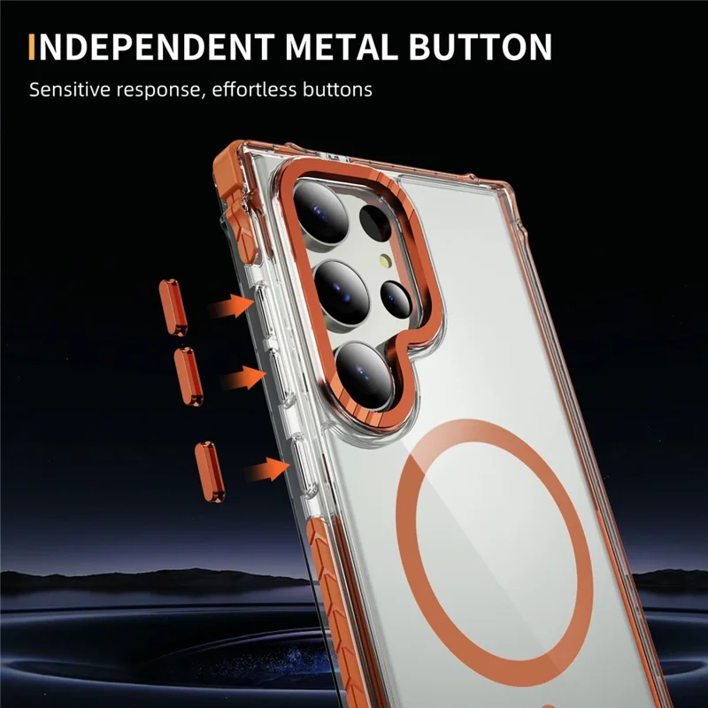 For Samsung Galaxy S25 Ultra Case Crystal Clear Airbag TPU + PC Phone Back Cover Magnetic Case - Orange