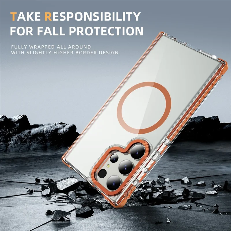 For Samsung Galaxy S25 Ultra Case Crystal Clear Airbag TPU + PC Phone Back Cover Magnetic Case - Orange