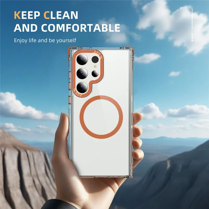For Samsung Galaxy S25 Ultra Case Crystal Clear Airbag TPU + PC Phone Back Cover Magnetic Case - Orange