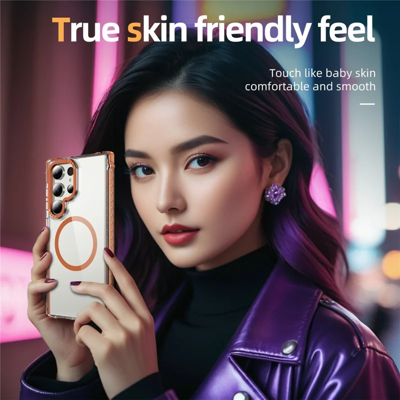 For Samsung Galaxy S25 Ultra Case Crystal Clear Airbag TPU + PC Phone Back Cover Magnetic Case - Orange