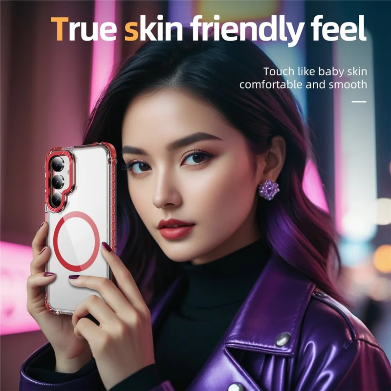 For Samsung Galaxy S24 FE Case Crystal Clear Airbag TPU + PC Phone Back Magnetic Case - Red