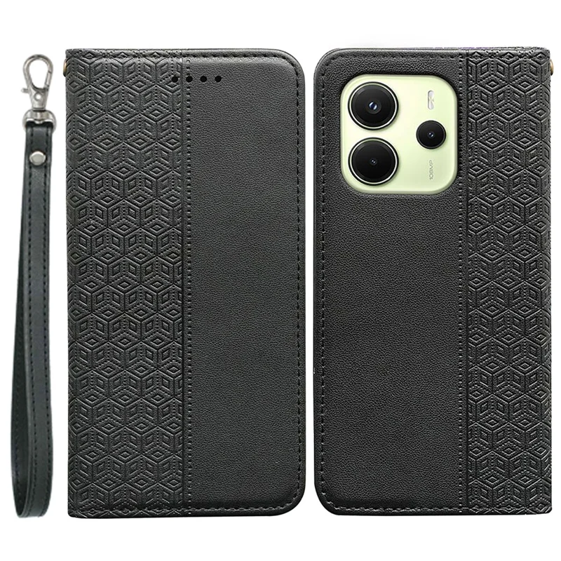 For Xiaomi Redmi Note 14 4G (163.25mm) Wallet Phone Case Checkered Pattern Imprint Leather Flip Cover with Wrist Strap - Black