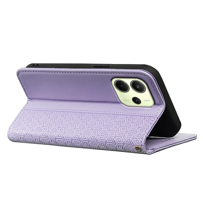 For Xiaomi Redmi Note 14 4G (163.25mm) Wallet Phone Case Checkered Pattern Imprint Leather Flip Cover with Wrist Strap - Purple