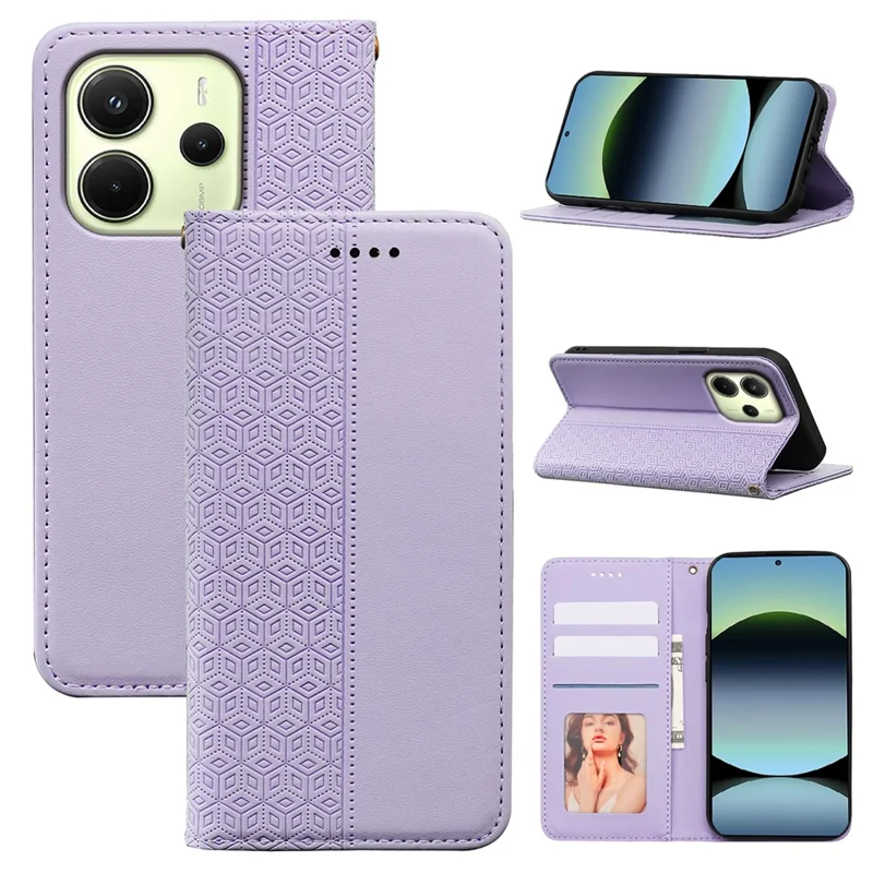 For Xiaomi Redmi Note 14 4G (163.25mm) Wallet Phone Case Checkered Pattern Imprint Leather Flip Cover with Wrist Strap - Purple