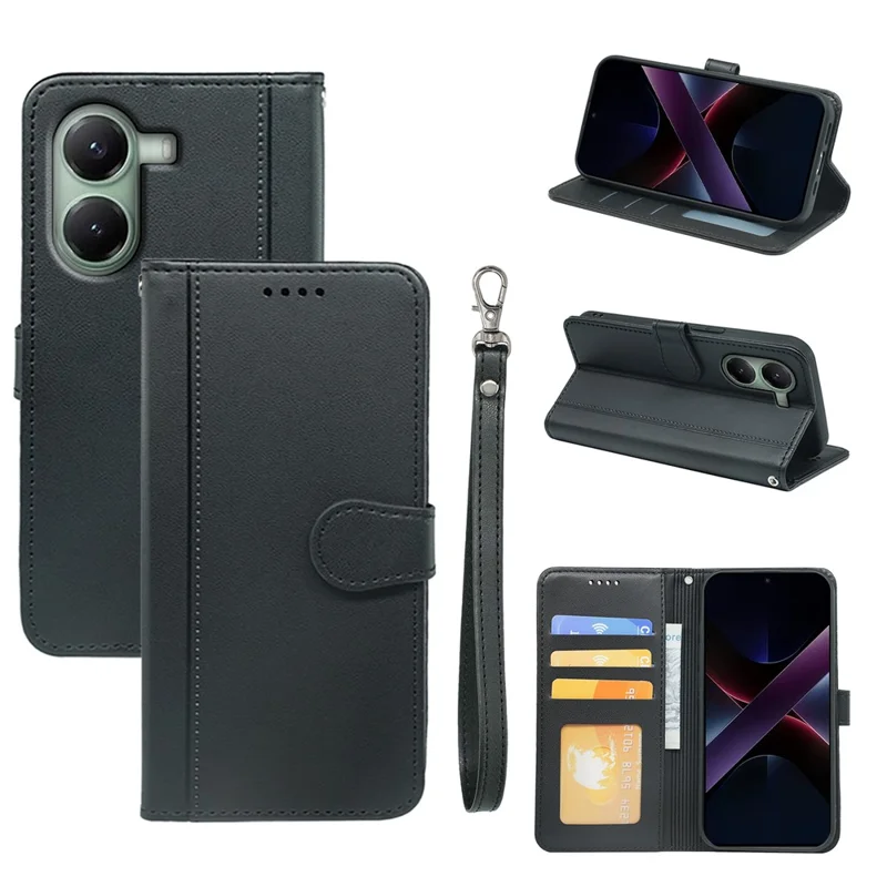 For Xiaomi Poco X7 Pro 5G  /  Redmi Turbo 4 5G Wallet Case Magnetic Snap Leather Phone Cover with Strap - Black