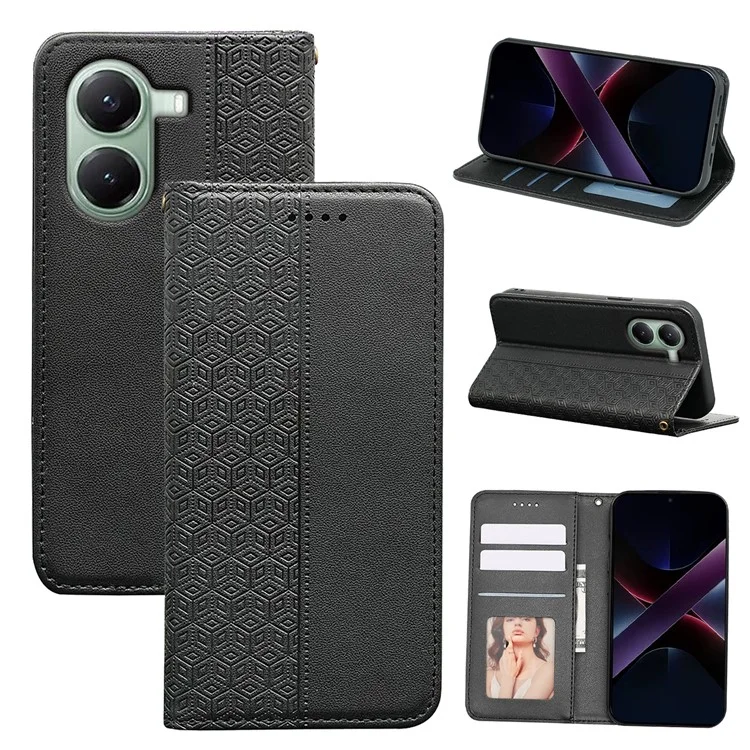 Funda tipo cartera para Xiaomi Poco X7 Pro 5G / Redmi Turbo 4 5G con patrón a cuadros, cierre magnético fuerte y cubierta abatible de cuero - Negro