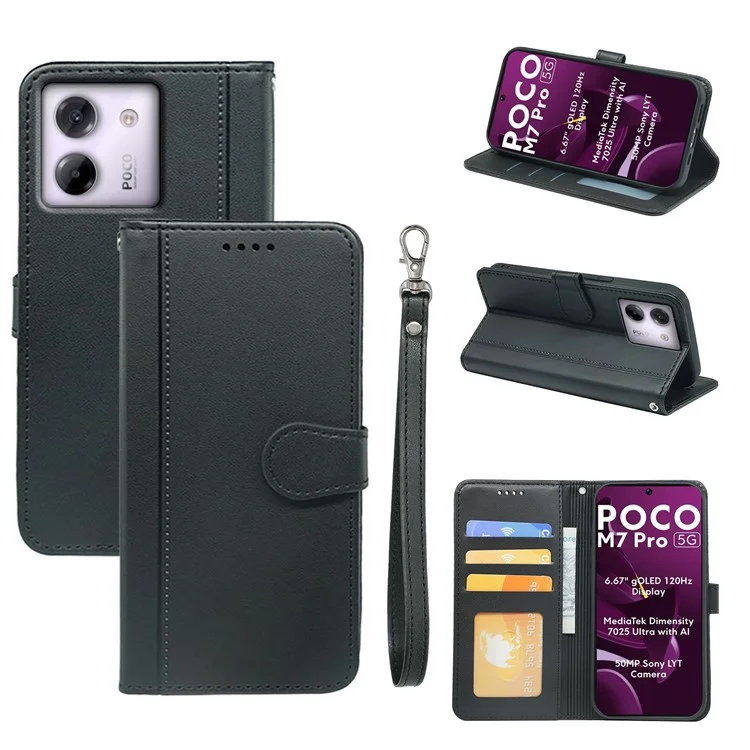 For Xiaomi Poco M7 Pro 5G Wallet Case Magnetic Snap Leather Phone Cover with Strap - Black