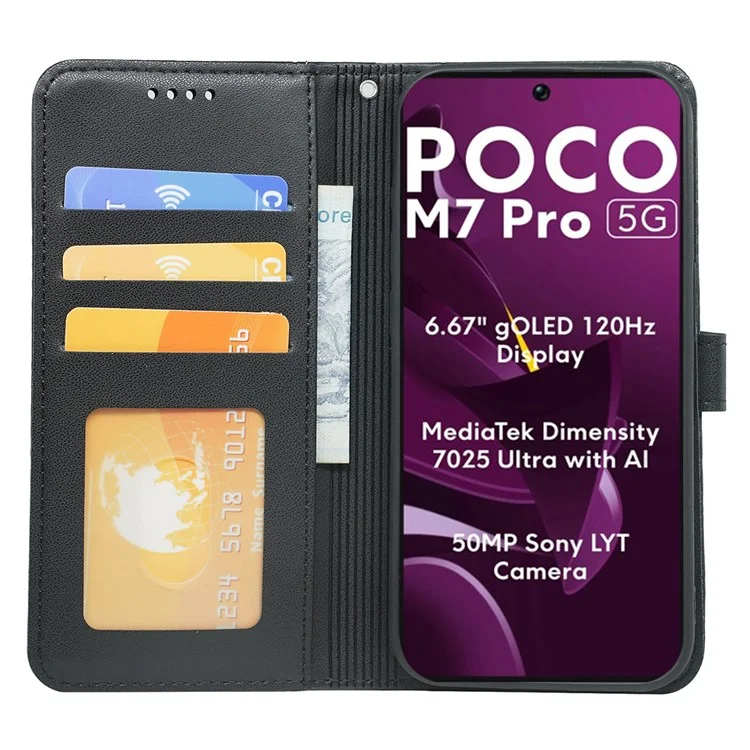 For Xiaomi Poco M7 Pro 5G Wallet Case Magnetic Snap Leather Phone Cover with Strap - Black