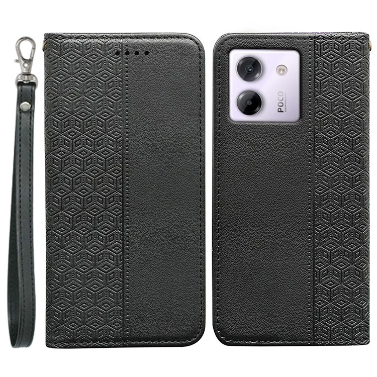 Funda tipo cartera para Xiaomi Poco M7 Pro 5G con patrón a cuadros, cierre magnético fuerte y cubierta de cuero - Negro