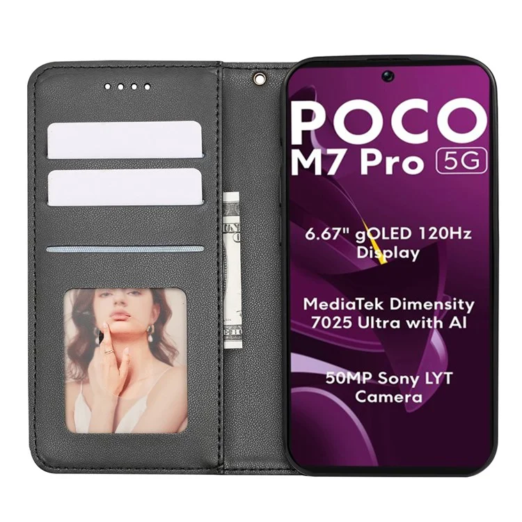 Funda tipo cartera para Xiaomi Poco M7 Pro 5G con patrón a cuadros, cierre magnético fuerte y cubierta de cuero - Negro