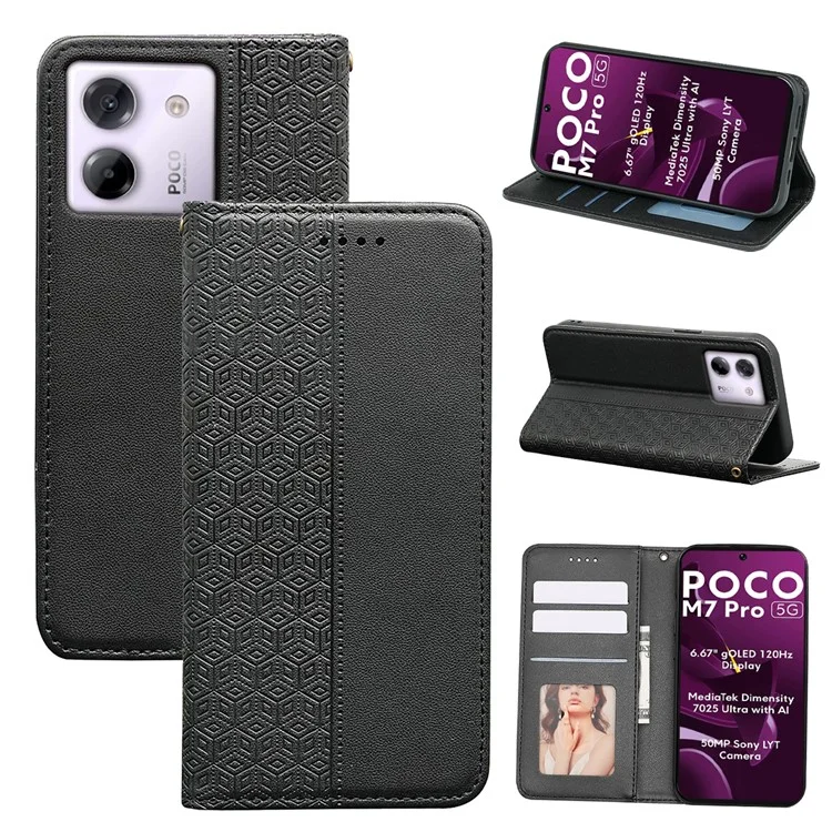 Funda tipo cartera para Xiaomi Poco M7 Pro 5G con patrón a cuadros, cierre magnético fuerte y cubierta de cuero - Negro