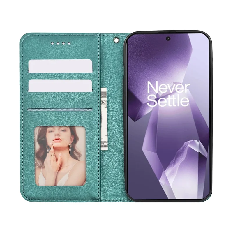 For OnePlus 13R 5G Wallet Phone Case Checkered Pattern Imprint Leather Flip Cover with Wrist Strap - Green