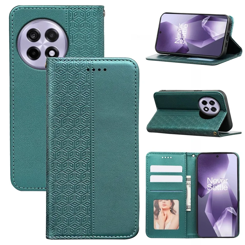 For OnePlus 13R 5G Wallet Phone Case Checkered Pattern Imprint Leather Flip Cover with Wrist Strap - Green