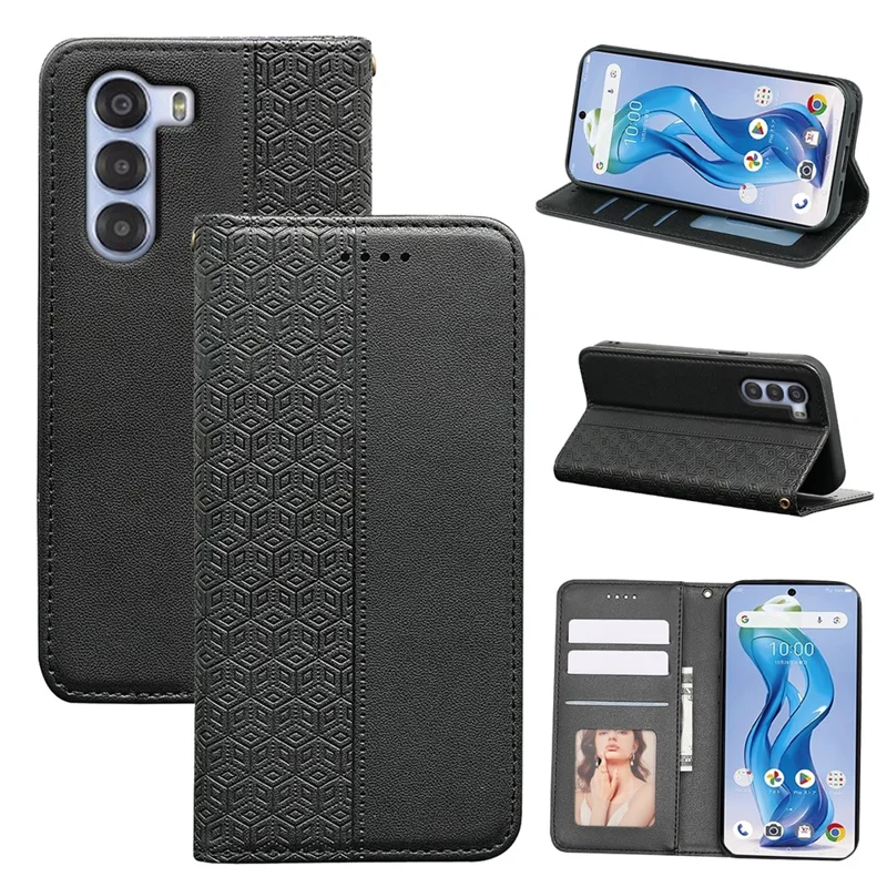 For ZTE nubia S 5G A403ZT Wallet Phone Case Checkered Pattern Imprint Leather Flip Cover with Wrist Strap - Black