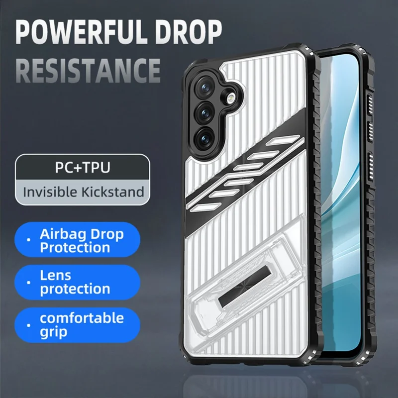 For Samsung Galaxy S24 FE Case Folding Kickstand PC + TPU Anti Drop Phone Cover - Transparent Black