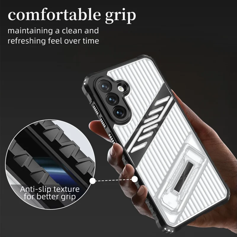 For Samsung Galaxy S24 FE Case Folding Kickstand PC + TPU Anti Drop Phone Cover - Transparent Black