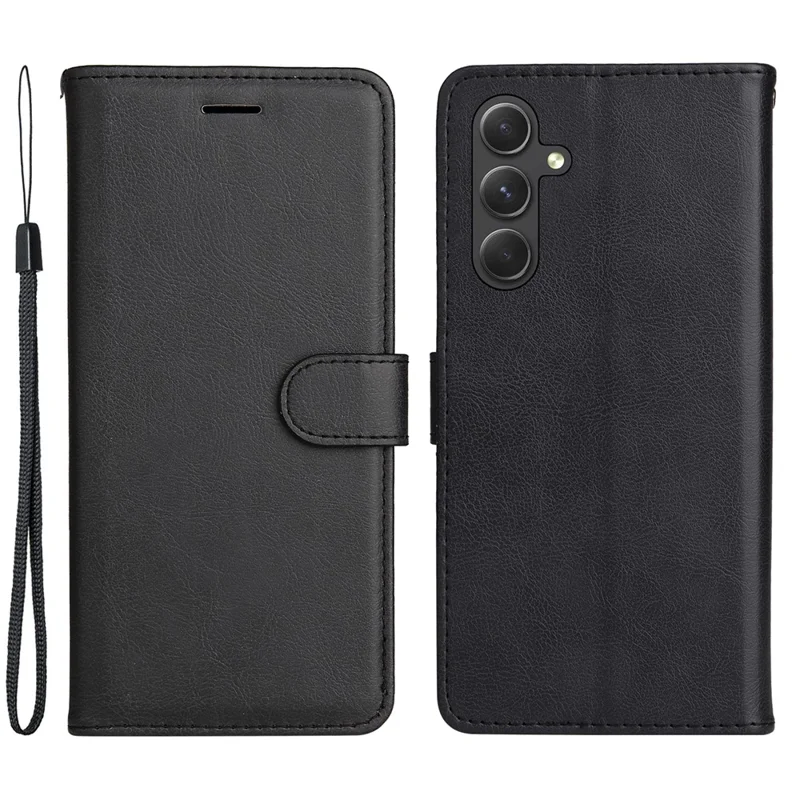 Étui en cuir de couleur unie pour Samsung Galaxy A56 5G avec support et sangle - Noir