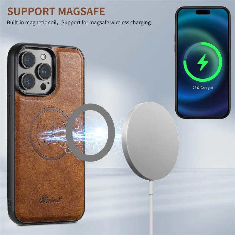 SUTENI H19 Capa Magnética de Couro com Compartimentos para Cartão para iPhone 15 Pro - Textura Acetinada em Marrom