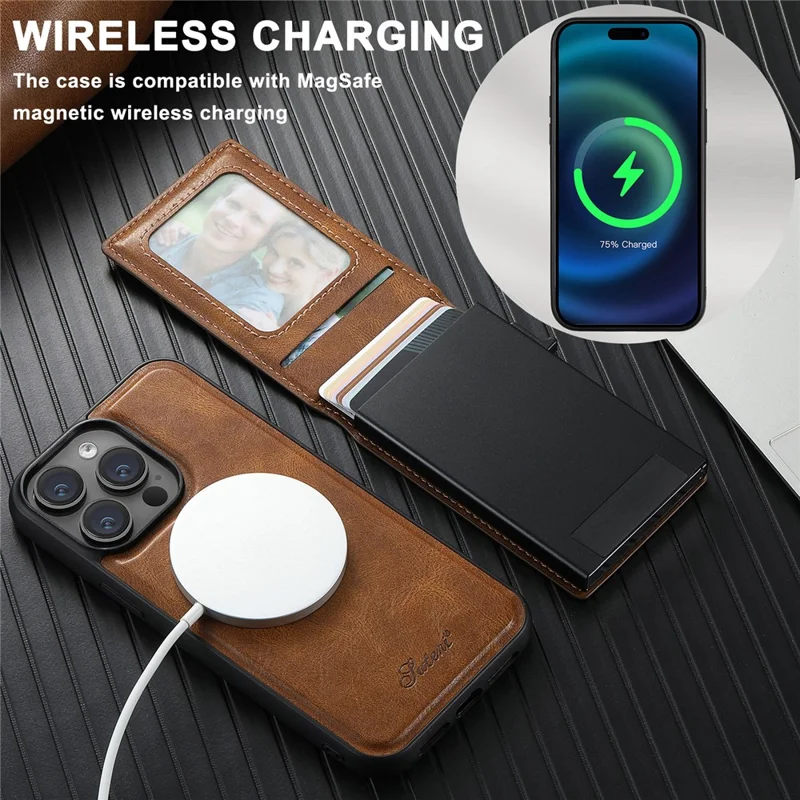 SUTENI H19 Capa Magnética de Couro com Compartimentos para Cartão para iPhone 15 Pro - Textura Acetinada em Marrom