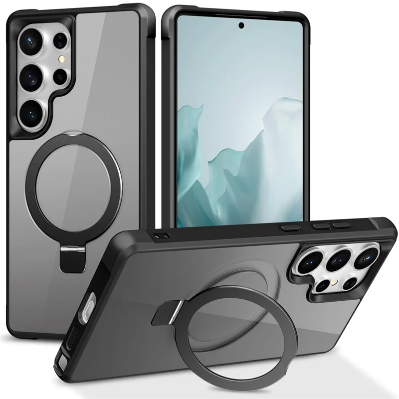 For Samsung Galaxy S25 Ultra Magnetic Case Ring Holder Kickstand TPU + PC Phone Cover - Black
