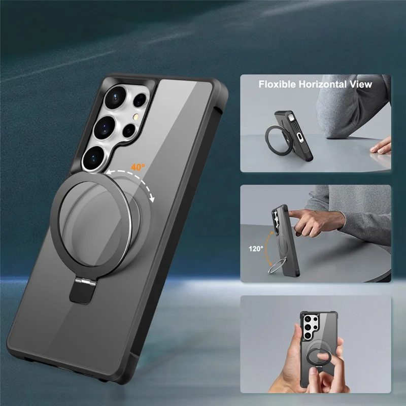 For Samsung Galaxy S25 Ultra Magnetic Case Ring Holder Kickstand TPU + PC Phone Cover - Black