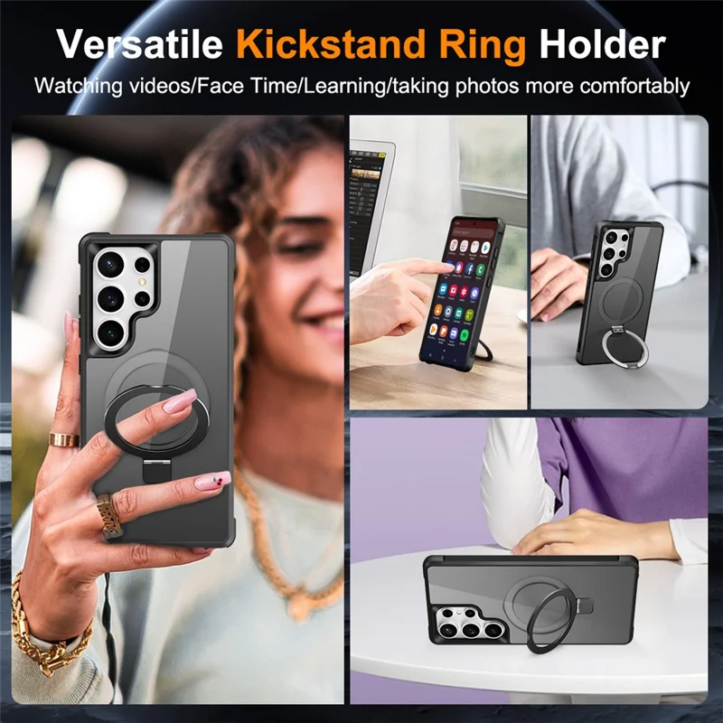 For Samsung Galaxy S25 Ultra Magnetic Case Ring Holder Kickstand TPU + PC Phone Cover - Black