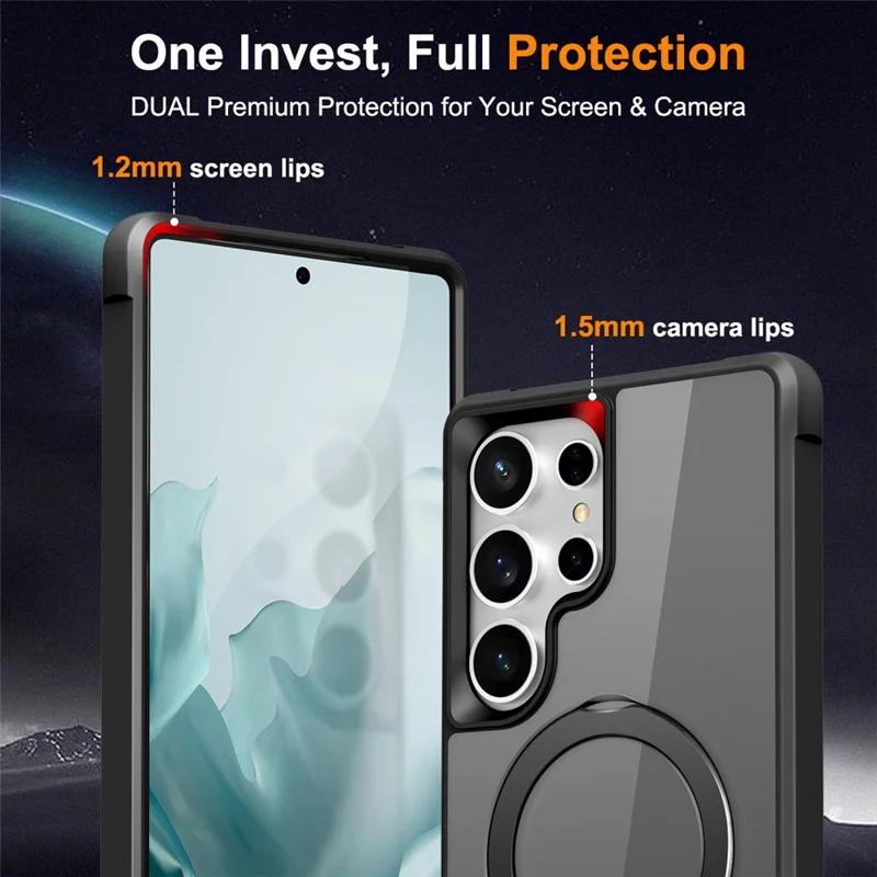 For Samsung Galaxy S25 Ultra Magnetic Case Ring Holder Kickstand TPU + PC Phone Cover - Black