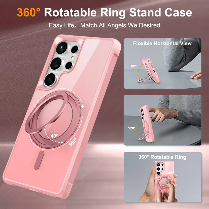 Für Samsung Galaxy S25 Ultra Hülle kompatibel mit MagSafe Drehbarer Ring Ständer TPU + PC Handyhülle - Rosa
