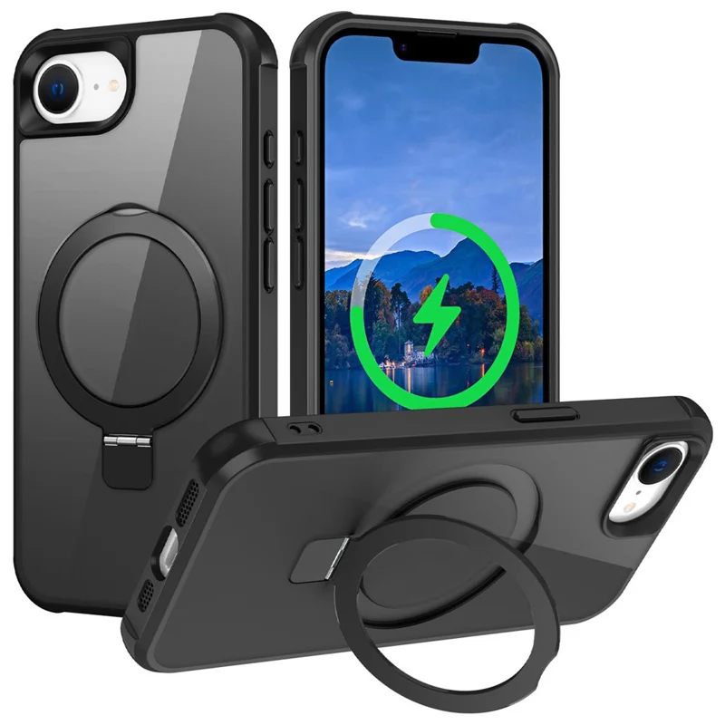 For iPhone 17e / 16e Case Compatible with MagSafe Ring Holder Kickstand TPU + PC Phone Cover - Black