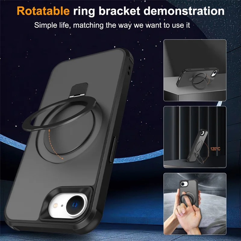 For iPhone 17e / 16e Case Compatible with MagSafe Ring Holder Kickstand TPU + PC Phone Cover - Black