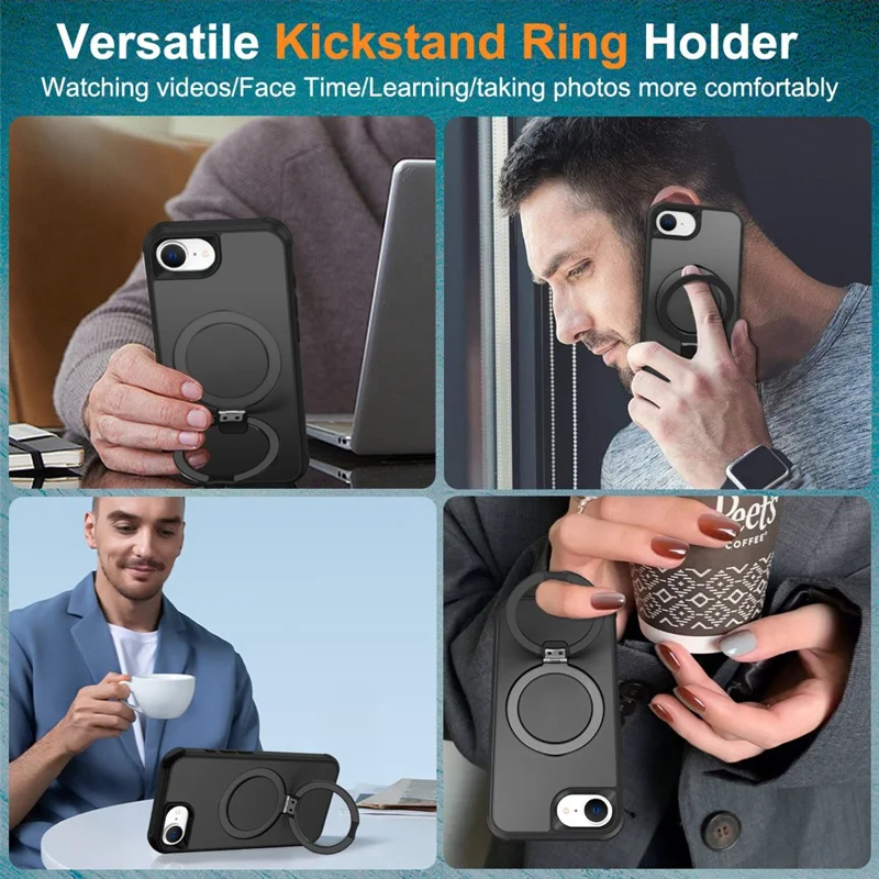 For iPhone 17e / 16e Case Compatible with MagSafe Ring Holder Kickstand TPU + PC Phone Cover - Black