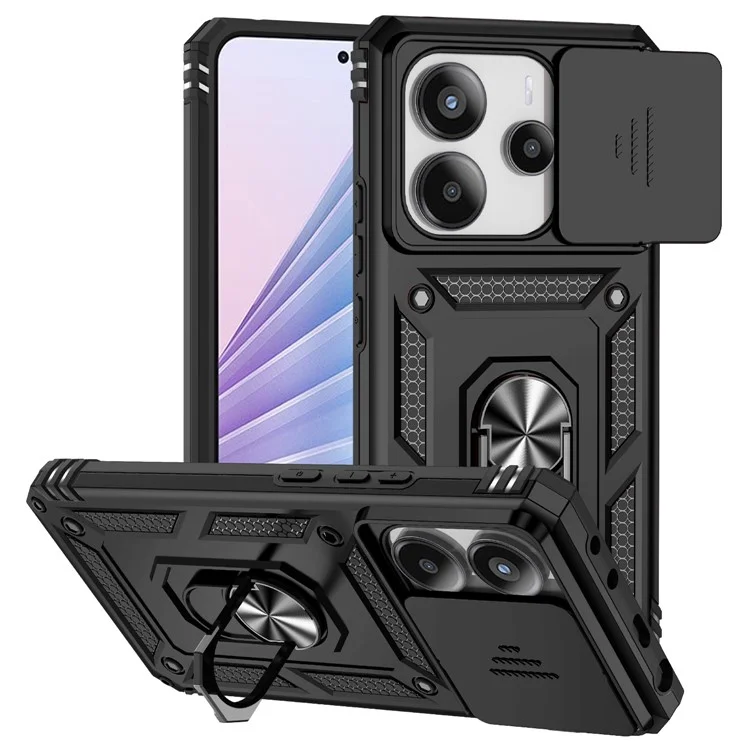 For Xiaomi Redmi Note 14 4G (163.25x76.55x8.16mm) Case PC + TPU Phone Cover with Lens Protection Kickstand - Black