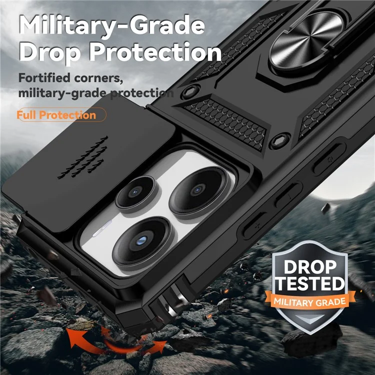 For Xiaomi Redmi Note 14 4G (163.25x76.55x8.16mm) Case PC + TPU Phone Cover with Lens Protection Kickstand - Black
