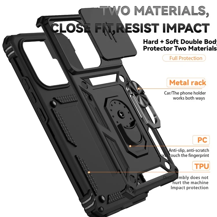 For Xiaomi Redmi Note 14 4G (163.25x76.55x8.16mm) Case PC + TPU Phone Cover with Lens Protection Kickstand - Black
