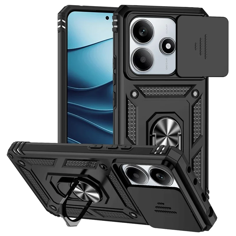 For Xiaomi Redmi Note 14 5G Case PC + TPU Phone Cover with Lens Protection Kickstand - Black