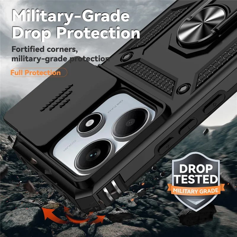 For Xiaomi Redmi Note 14 5G Case PC + TPU Phone Cover with Lens Protection Kickstand - Black